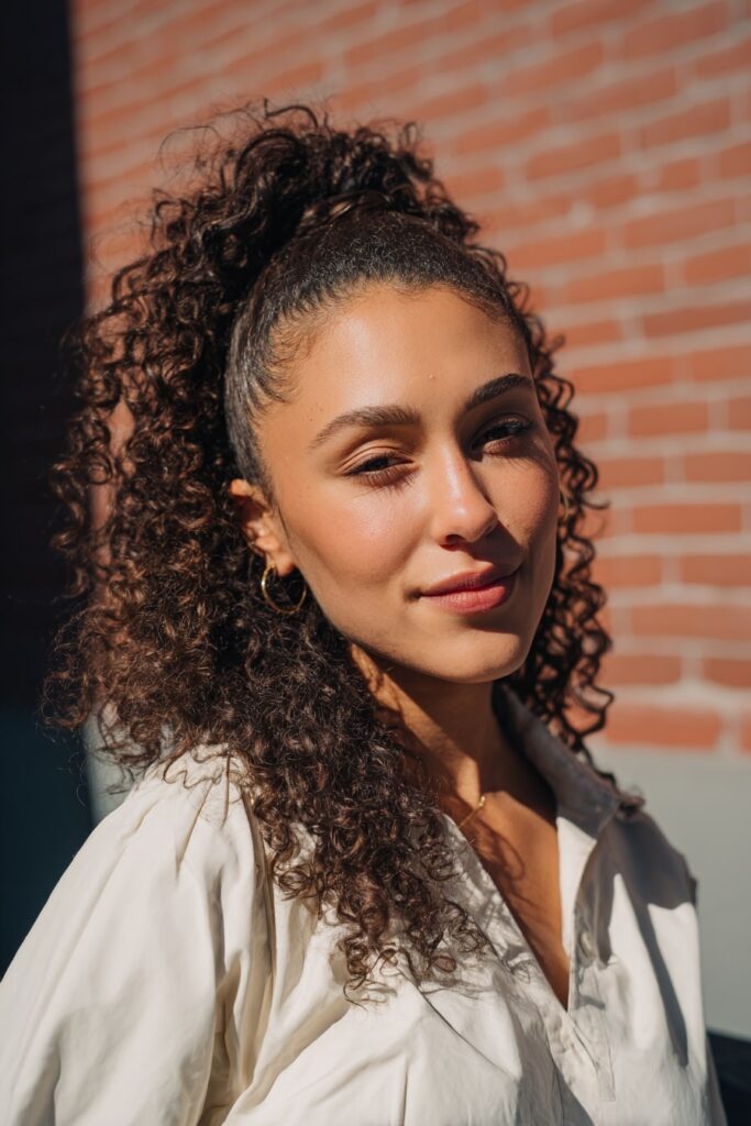Woman with half up half down curly hair, soft bouffant, ringlets, brick backdrop.