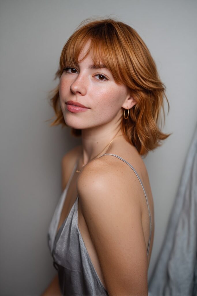 Young woman with medium-length soft V-cut, tapered bangs, strawberry blonde hair, soft gray backdrop.