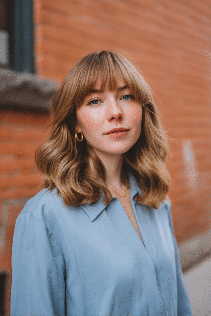 Young woman with shoulder-length soft waves, long curtain bangs, strawberry blonde hair, brick backdrop.