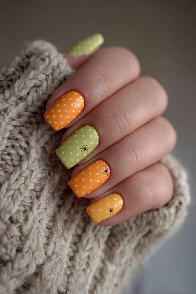 Neon Halloween nails featuring spider accents and glowing green polka dots on black base.
