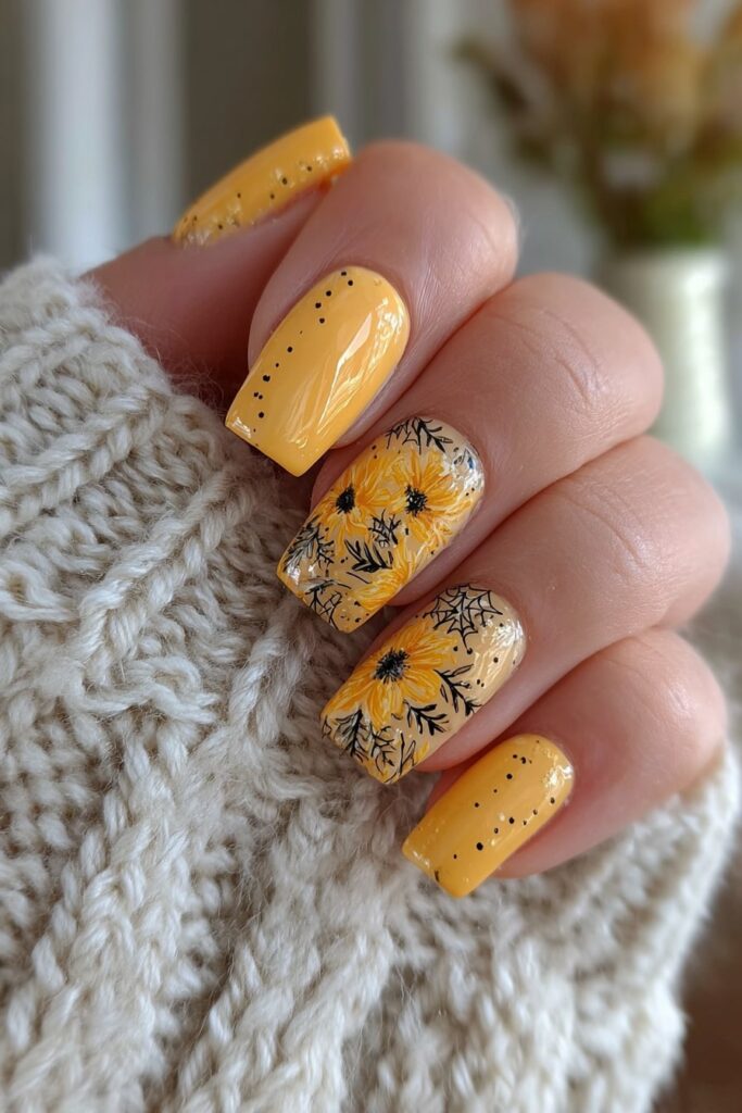 Halloween nails with black spider webs and white polka dots for spooky October style.