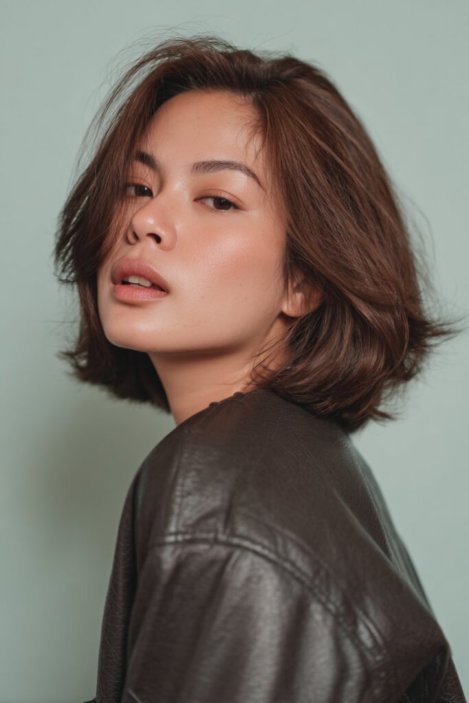 A stunning young woman in her 20s with natural skin tone, showcasing a bob hairstyle for going out featuring a stacked bob, featuring a stacked bob with layered back, captured in a close-up shot focusing on the hair, photographed against a seamless deep plum backdrop with a silky texture for optimal color contrast. She has subtle makeup, a chic evening outfit, realistic hair texture, warm skin tone, and a confident expression, captured with soft natural lighting and an Instagram-style beauty vibe.