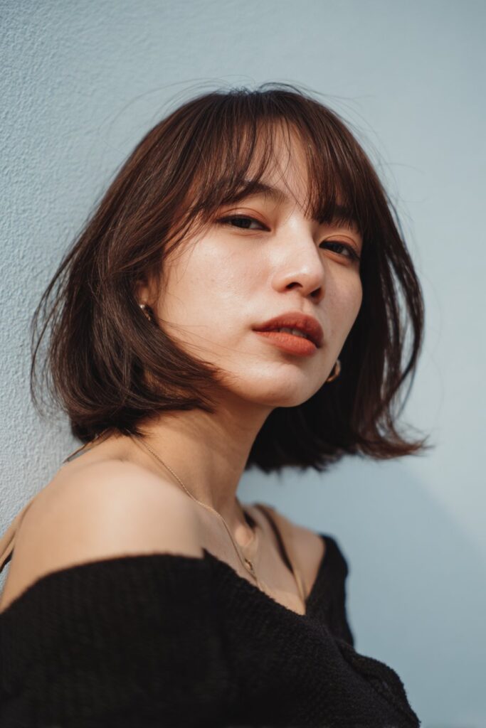 A stunning young woman in her 20s with natural skin tone, showcasing a bob hairstyle with side bangs featuring a stacked bob with side bangs, featuring a stacked bob with side-swept bangs, captured in a close-up shot focusing on the hair, photographed against a seamless soft plum backdrop with a matte finish. She has subtle makeup, a chic outfit, realistic hair texture, warm skin tone, and a confident expression, captured with soft natural lighting and an Instagram-style beauty vibe.