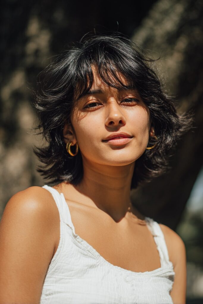 Young woman with medium-short stacked bob, textured layers, bangs, natural black hair, forest backdrop.