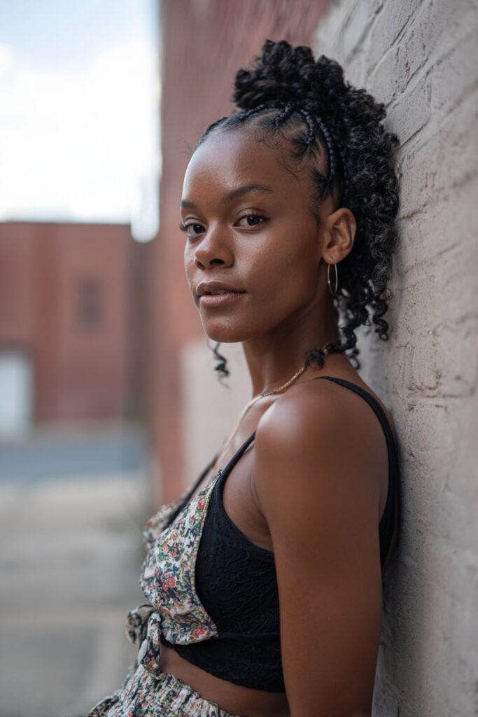 Black girl with half-up stitch braids, curly braiding hair, jet black, brick backdrop.
