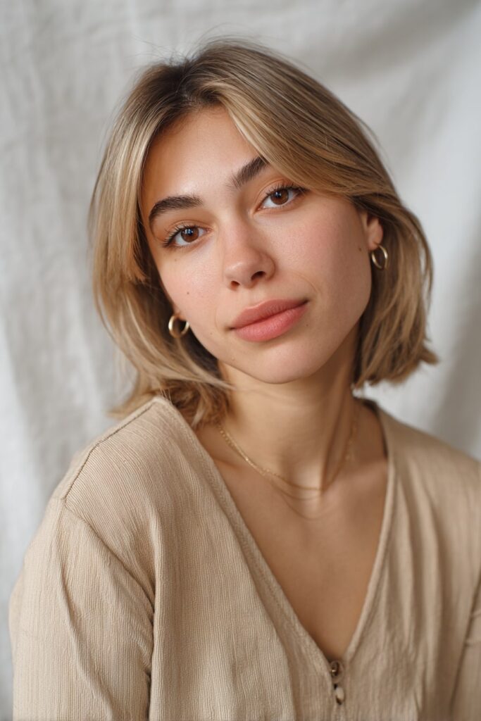 Young woman with medium-length straight lob, rounded bangs, salt-and-pepper hair, seamless white backdrop.