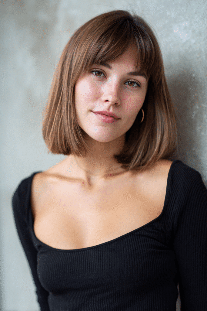 Young woman with shoulder-length straight lob, side-swept bangs, soft brown hair, textured plaster backdrop.