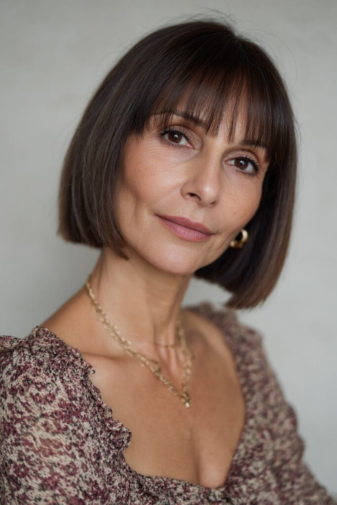 Woman over 50 with shoulder-length straight long bob, bangs, dark brunette hair, white backdrop.