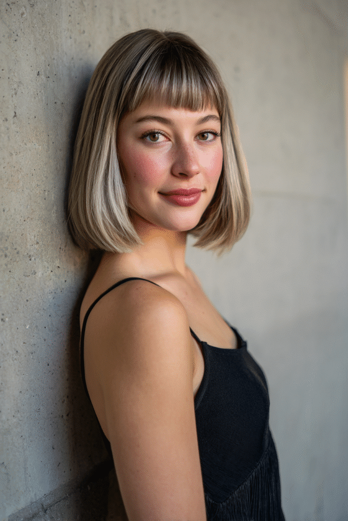Young woman with straight shoulder-length hair, bottleneck bangs, silver highlights, textured plaster backdrop.