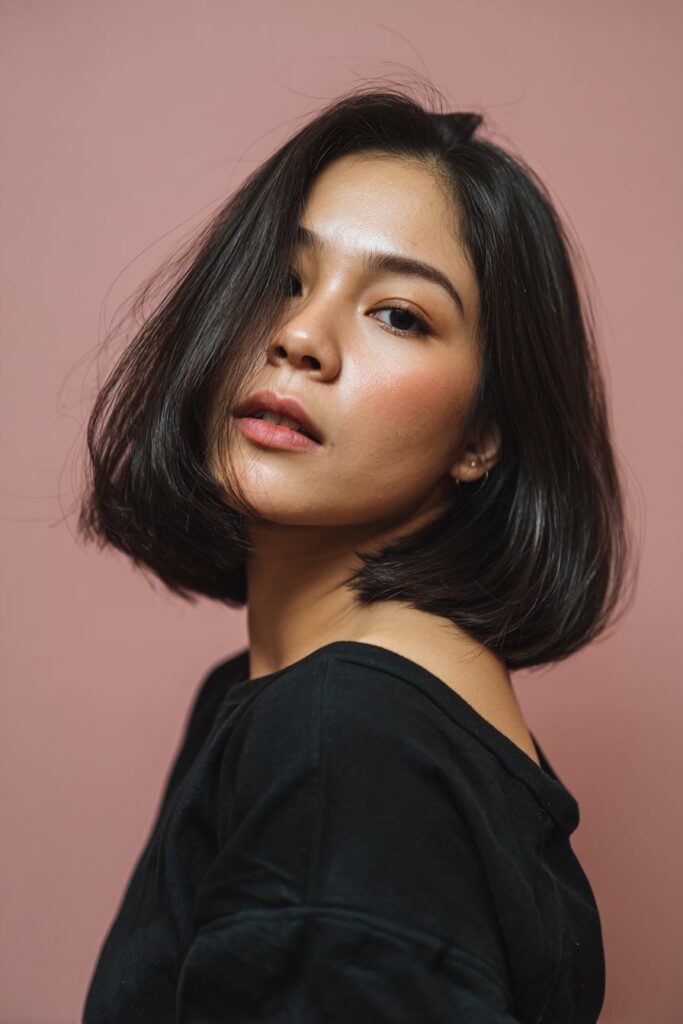A stunning young woman in her 20s with natural skin tone, showcasing a bob hairstyle for going out featuring a subtle graduated bob, featuring a subtle graduated bob with gentle layering, captured in a close-up shot focusing on the hair, photographed against a seamless dark sapphire backdrop with a matte finish for optimal color contrast. She has subtle makeup, a chic evening outfit, realistic hair texture, warm skin tone, and a confident expression, captured with soft natural lighting and an Instagram-style beauty vibe.