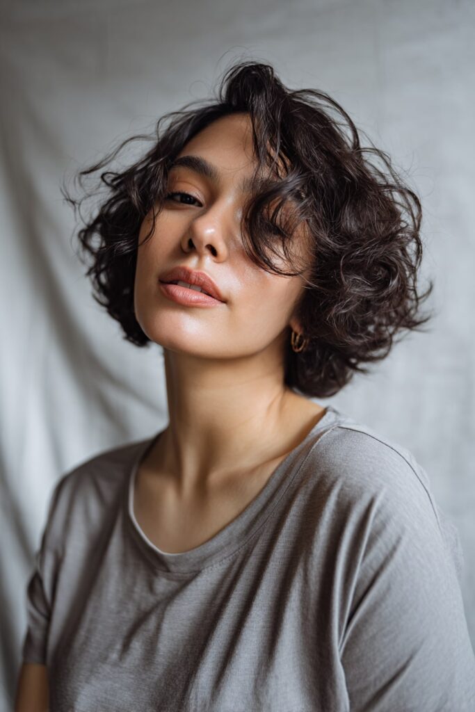 Woman with short 3c tapered cut, high volume, dark brown hair, gray backdrop.