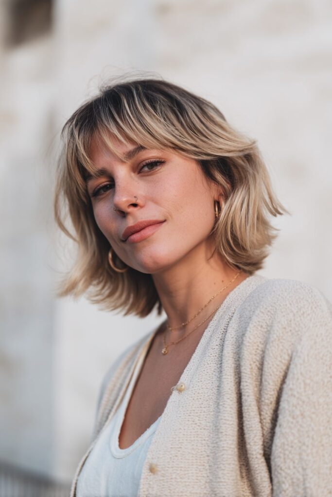 Young woman with medium-short textured bixie, curtain bangs, layers, ash blonde hair, white backdrop.