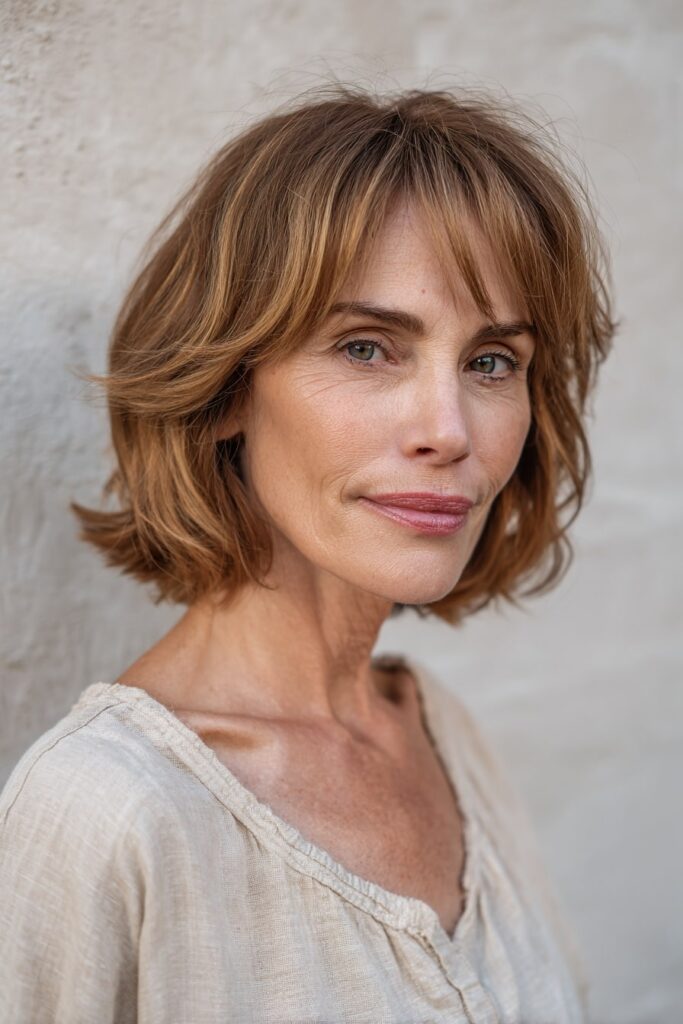 Woman over 50 with shoulder-length textured bixie, side-swept bangs, light brown hair, plaster backdrop.