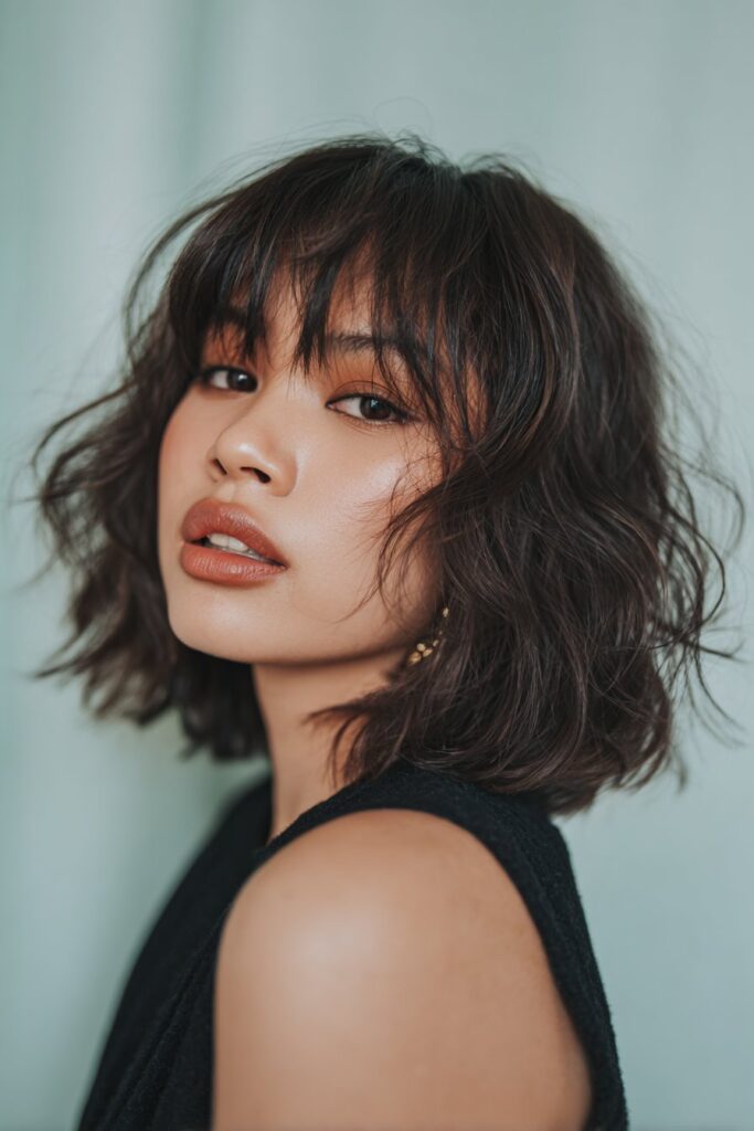 A stunning young woman in her 20s with natural skin tone, showcasing a bob hairstyle with side bangs featuring a textured bob with side fringe, featuring a textured bob with side-swept fringe, captured in a close-up shot focusing on the hair, photographed against a seamless soft mint backdrop with a silky texture. She has subtle makeup, a chic outfit, realistic hair texture, warm skin tone, and a confident expression, captured with soft natural lighting and an Instagram-style beauty vibe.