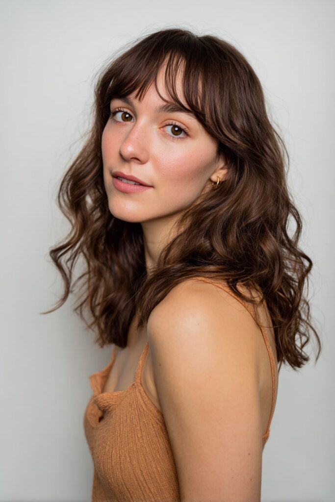 Young woman with medium-length textured ends, side-swept bangs, caramel brown hair, seamless white backdrop.