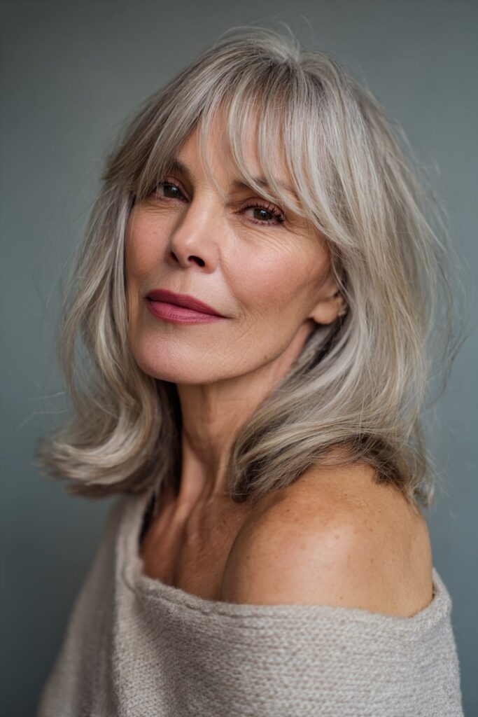 Woman over 50 with shoulder-length textured layers, curtain bangs, ash blonde hair, gray backdrop.