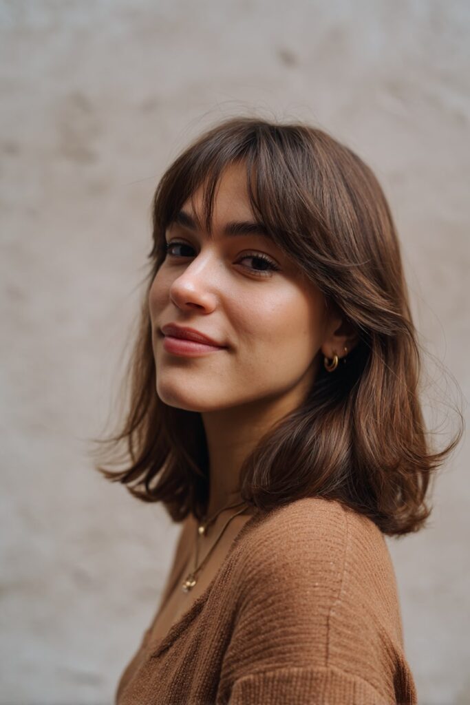 Young woman with medium-length textured lob, grown-out bangs, caramel brown hair, textured plaster backdrop.