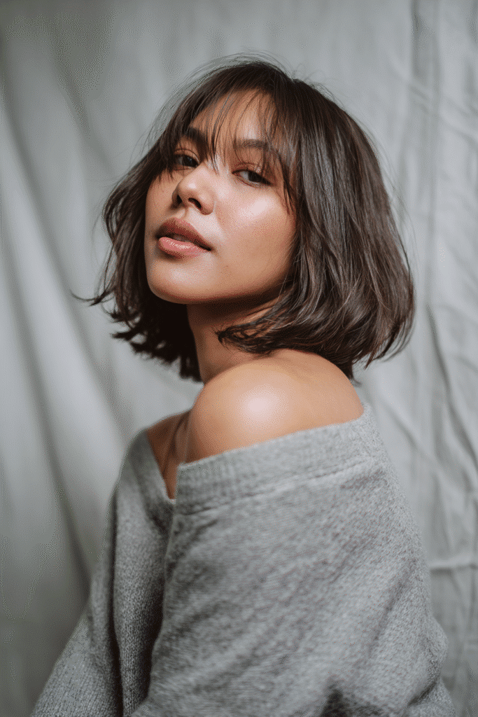 Young woman with shoulder-length textured lob, wispy bangs, ash blonde hair, soft gray backdrop.