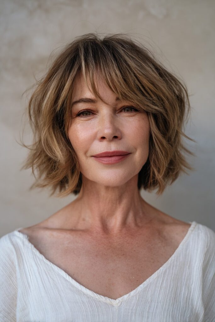Woman over 50 with shoulder-length tousled shag, bangs, light brown hair, plaster backdrop.