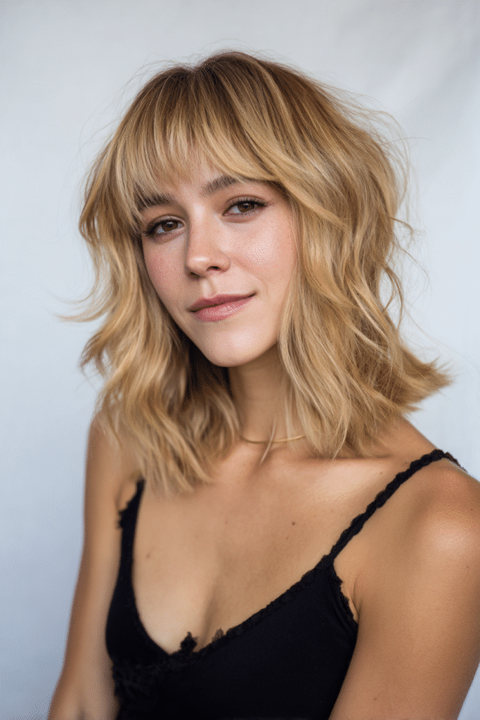 Young woman with shoulder-length tousled layers, baby bangs, golden blonde hair, seamless white backdrop.
