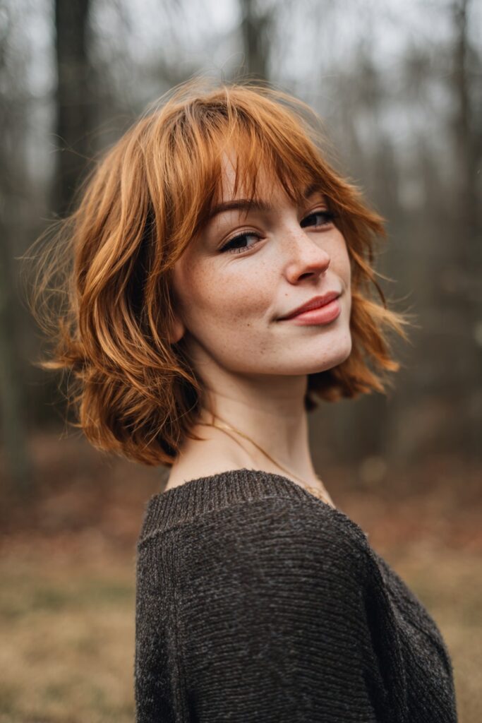 Young woman with medium-length tousled lob, side bangs, strawberry blonde hair, forest backdrop.