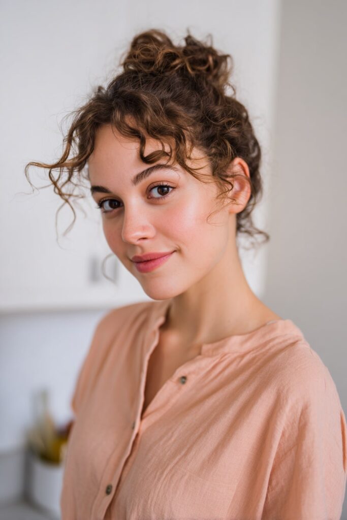 Woman with short half-up twisted crown, loose curls, natural brunette hair, white backdrop.