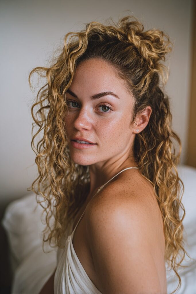 Woman with half up half down curly hair, twisted crown, loose curls, white backdrop.