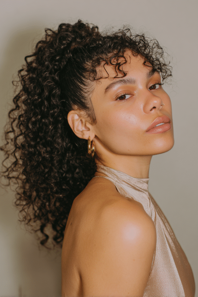 A stunning young woman in her 20s with natural skin tone, showcasing a homecoming hairstyle for curly hair with a twisted heart half-up, featuring a half-up style with a heart-shaped twist using curly hair, captured in a close-up shot focusing on the hair, photographed against a seamless light gold backdrop with a glossy sheen. She has subtle makeup, a chic homecoming dress, realistic hair texture, warm skin tone, and a confident expression, captured with soft natural lighting and an Instagram-style beauty vibe.