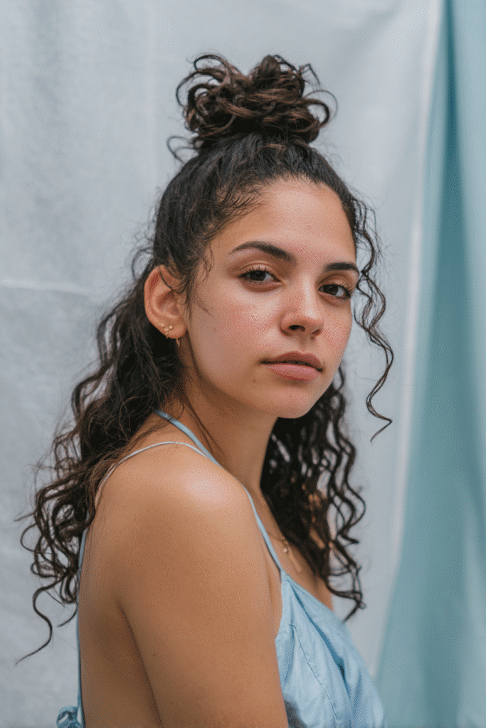 A stunning young woman in her 20s with natural skin tone, showcasing a homecoming hairstyle for curly hair with a twisted topknot for curls, featuring a high topknot with twisted curly hair, captured in a close-up shot focusing on the hair, photographed against a seamless light aqua backdrop with a smooth texture. She has subtle makeup, a chic homecoming dress, realistic hair texture, warm skin tone, and a confident expression, captured with soft natural lighting and an Instagram-style beauty vibe.