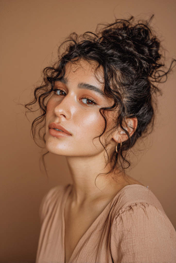 A stunning young woman in her 20s with natural skin tone, showcasing a homecoming hairstyle for curly hair with a voluminous low updo, featuring a low updo with voluminous curly hair, captured in a close-up shot focusing on the hair, photographed against a seamless warm bronze backdrop with a satin finish. She has subtle makeup, a chic homecoming dress, realistic hair texture, warm skin tone, and a confident expression, captured with soft natural lighting and an Instagram-style beauty vibe.