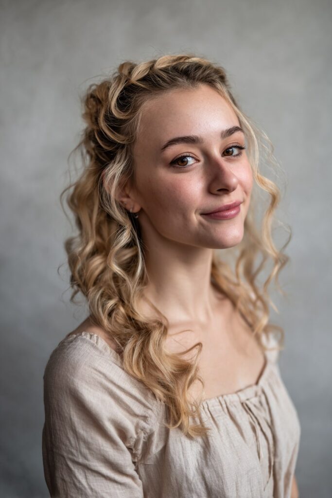 Woman with short half-up waterfall braid, boho waves, golden blonde hair, gray backdrop.