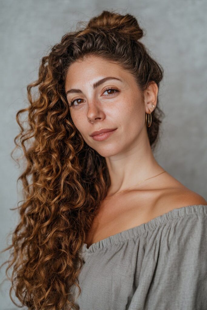 Woman with half up half down curly hair, waterfall braid, boho waves, gray backdrop.