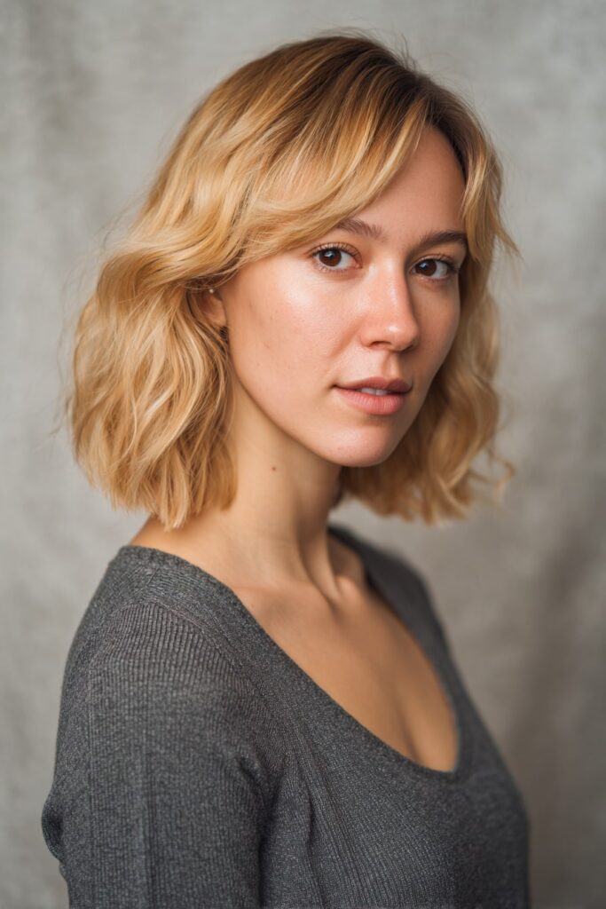 Young woman with medium-length wavy bob, piecey bangs, golden blonde hair, soft gray backdrop.