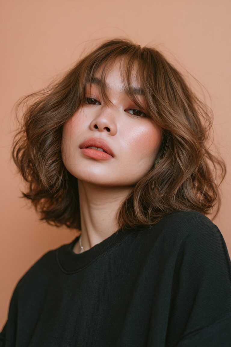A stunning young woman in her 20s with natural skin tone, showcasing a bob hairstyle with side bangs featuring a wavy bob with side bangs, featuring a wavy bob with side-swept bangs, captured in a close-up shot focusing on the hair, photographed against a seamless warm peach backdrop with a matte finish. She has subtle makeup, a chic outfit, realistic hair texture, warm skin tone, and a confident expression, captured with soft natural lighting and an Instagram-style beauty vibe.
