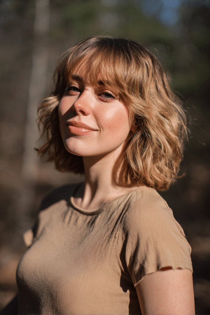 Young woman with shoulder-length wavy shag, sandy blonde hair, natural forest scene backdrop.