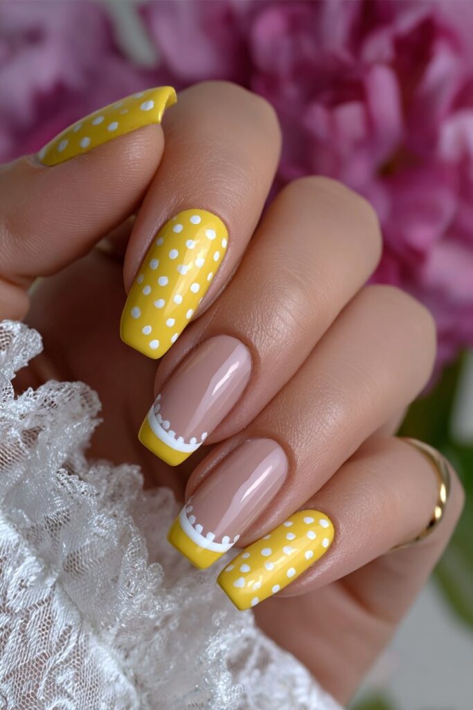 Yellow French tip nails featuring fun polka dot accents for a fresh summer twist.