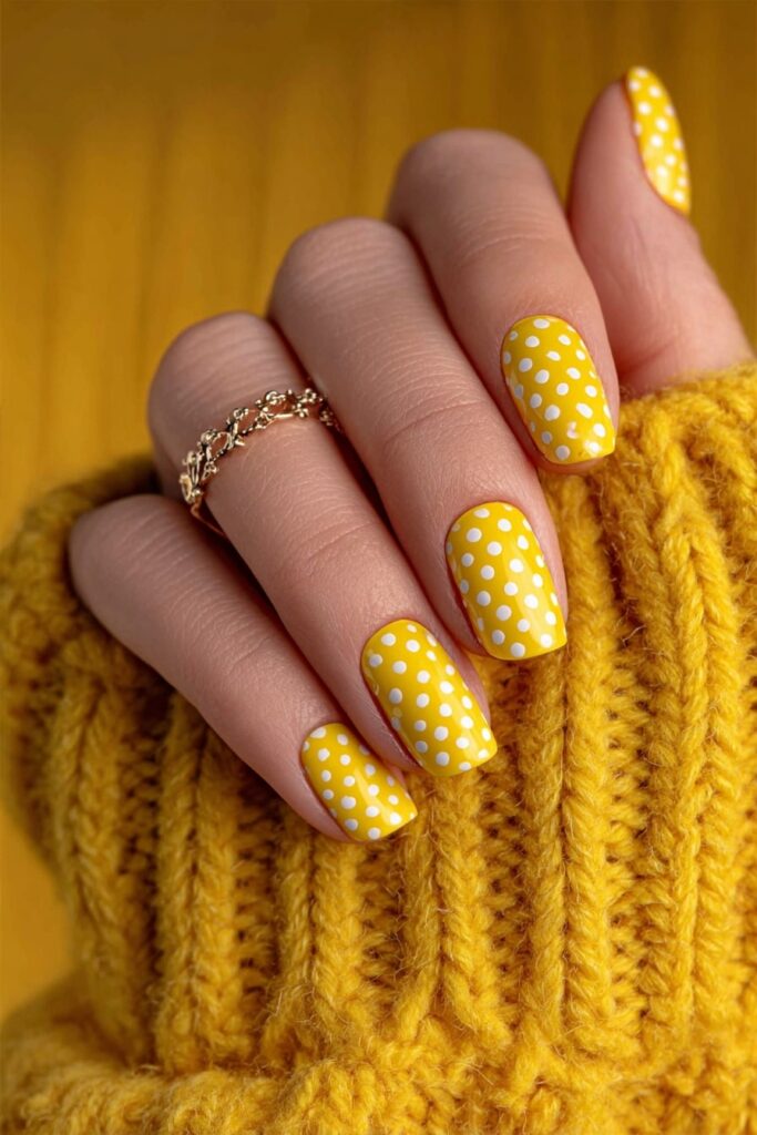 Vibrant yellow nails featuring cartoon-style polka dots inspired by pop art designs.