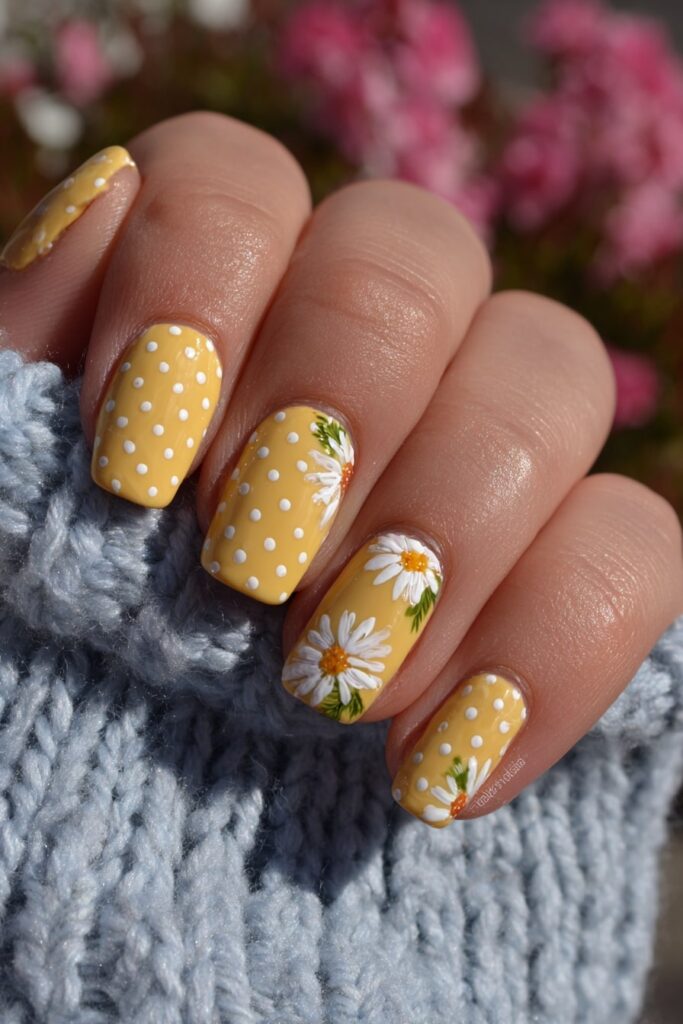 Yellow nails with white daisy-inspired polka dots perfect for spring and floral nail art lovers.
