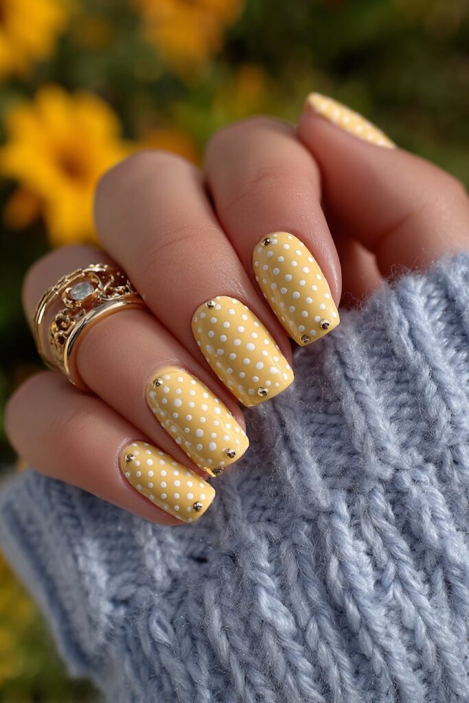 Stylish yellow nails decorated with gold foil and fine polka dots for a luxurious finish.