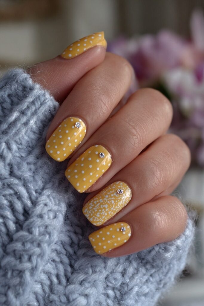 Elegant yellow nails featuring jeweled polka dot accents for a glamorous and sparkling finish.