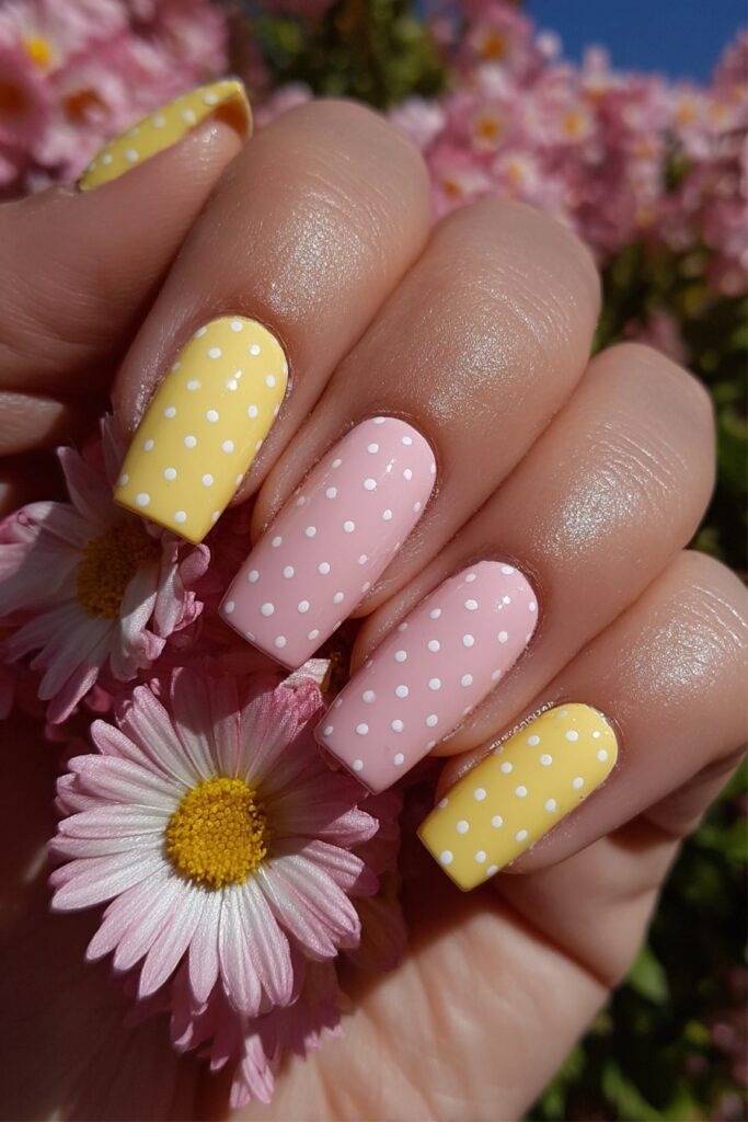 Yellow and pink polka dot nails blending warm tones for a cute, girly summer manicure.