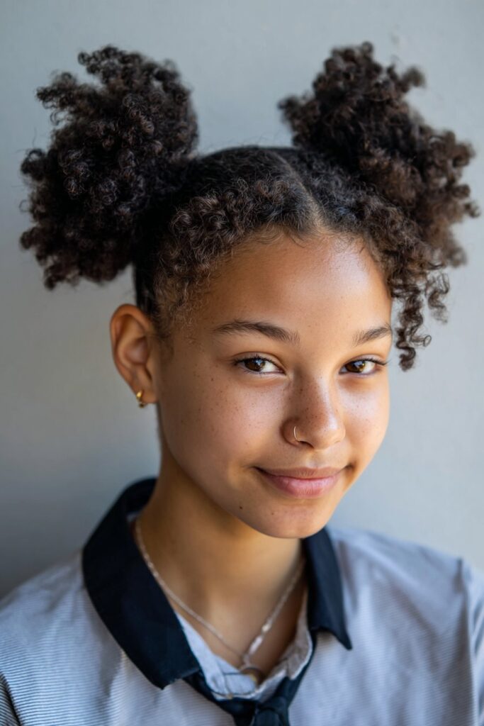 American girl with two cute afro puffs on either side, wearing a pastel cardigan, smiling while sitting in a colorful classroom setting.
