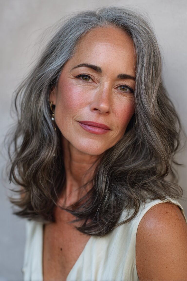 An American woman over 60 with softly air-dried waves, natural texture enhancing her layered haircut, glowing in natural light with a cream glossy backdrop.