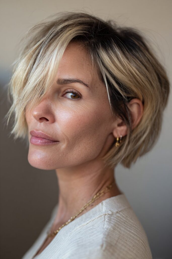 A close-up photo of an elegant American woman over 40 with an angled bob with balayage hairstyle, featuring realistic hair texture under soft natural lighting, subtle makeup, warm skin tone, confident expression, fully clothed in a chic outfit, in an Instagram-style beauty shot.