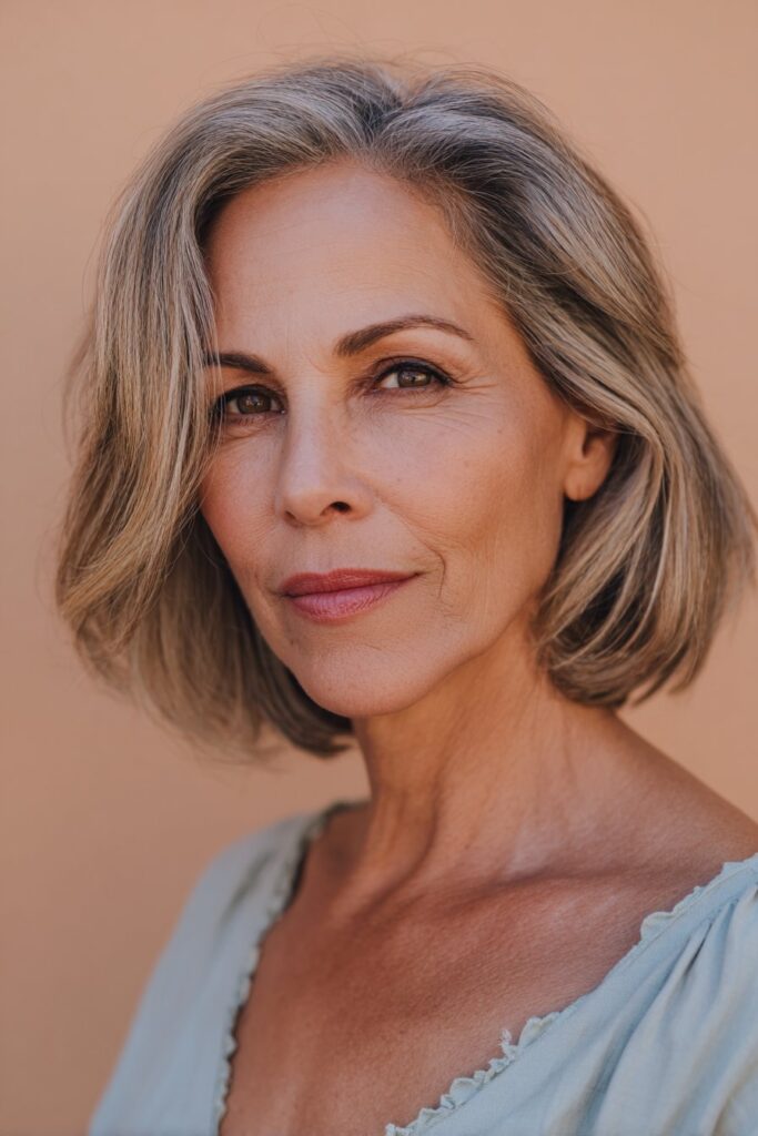 An American woman over 60 with a sharply angled bob highlighted with caramel tones, sleek and dimensional, photographed against a warm peach matte background.