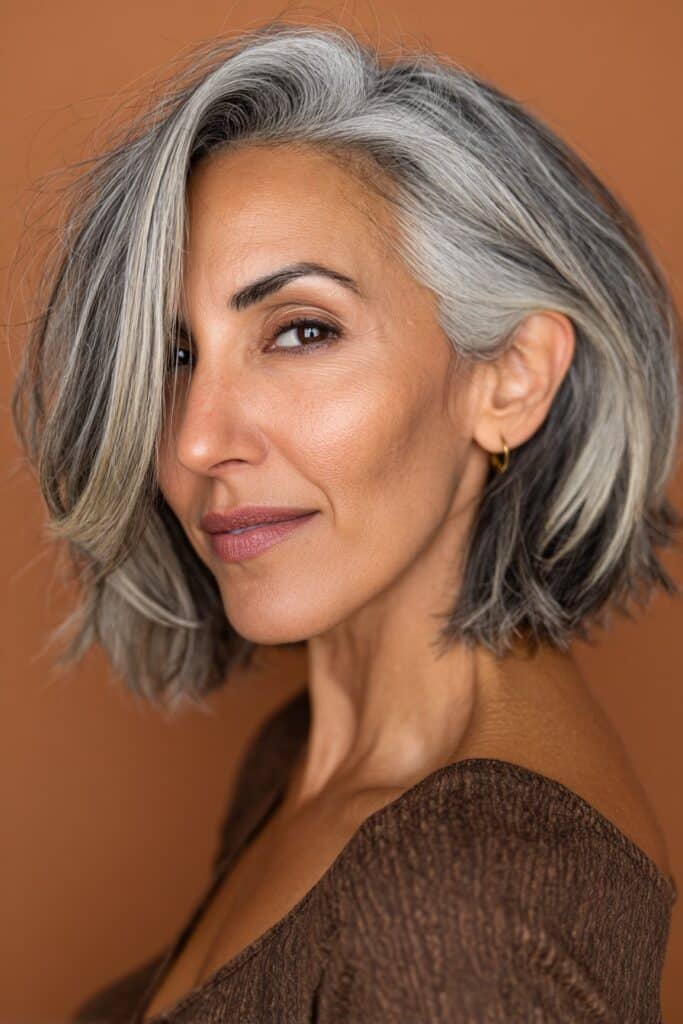 A vibrant American female model over 60 with a mature appearance, showcasing a Medium Length Layered Haircut For Women Over 60 with an angled bob with layers, featuring medium-length angled bob with added layers for dimension, captured in a close-up shot focusing on the hair, photographed against a seamless warm cinnamon backdrop with a silky finish. She has subtle makeup with visible aging signs, an elegant outfit, realistic hair texture with silver strands, warm skin tone, and a friendly expression, captured with soft natural lighting and an Instagram-style beauty vibe.