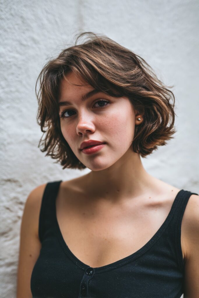 A woman showcasing a short angled bob choppy haircut with longer front pieces and shorter back layers. The sharp, sleek angle combined with textured ends creates a sculpted, flattering shape with artistic edge.