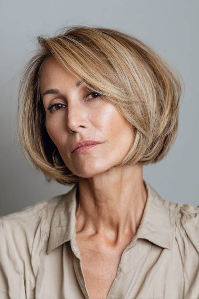 A woman over 40 with an angled layered bob in soft beige blonde, showing sleek layering and subtle forward movement.
