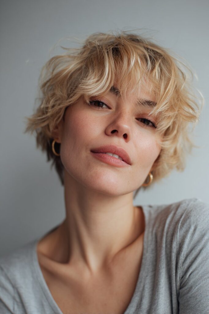An ash-blonde textured crop with short, choppy layers and a slightly tousled top. The cool-toned blonde enhances the shaggy layers, creating a modern, lightweight short hairstyle with plenty of definition.