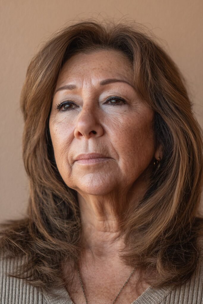 A woman over 50 wearing an ash-brown long shag haircut with lightweight layered texture, captured against a clean seamless backdrop.